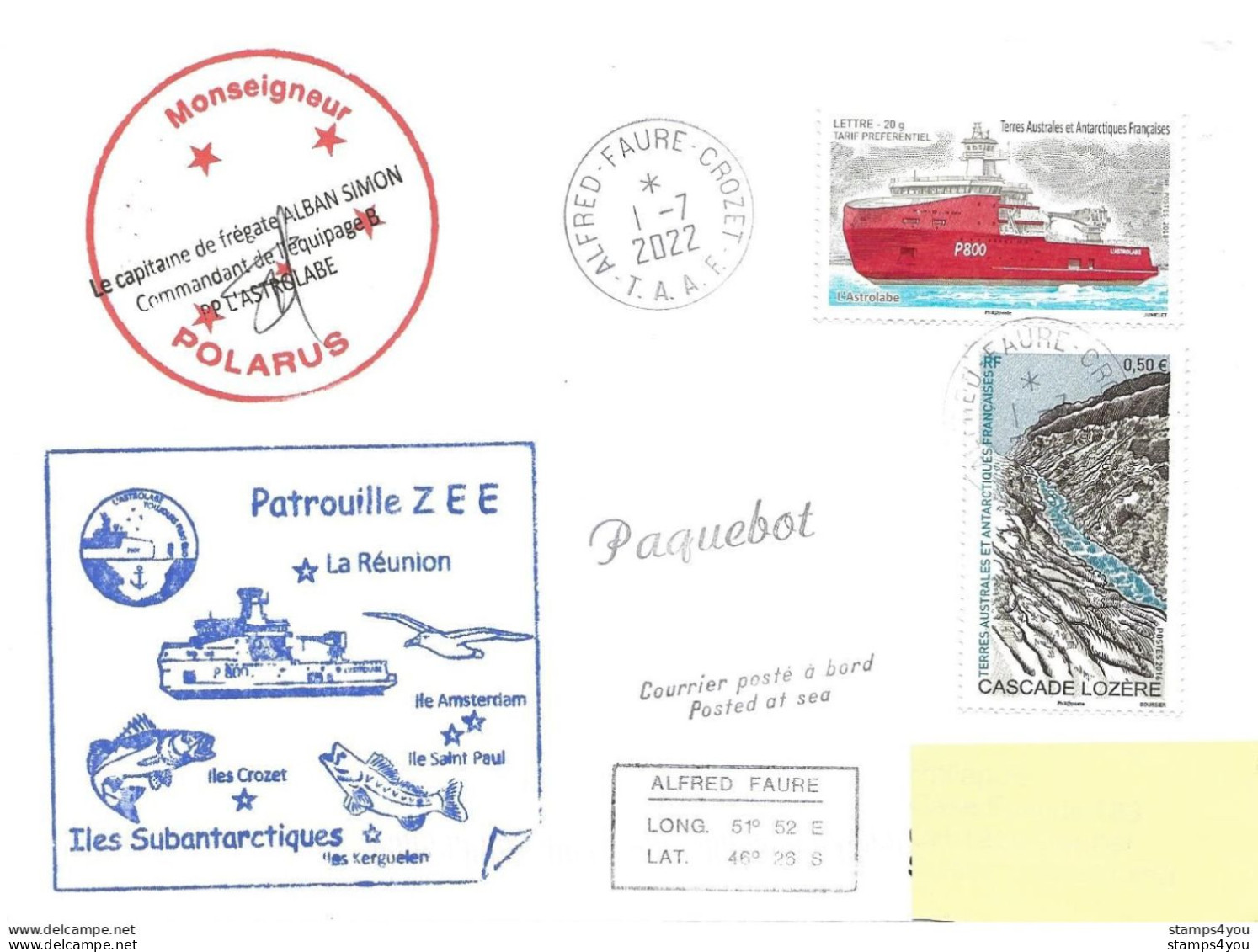 255 - 39 - Enveloppe TAAF Crozet Navire "l'Astrolabe" 1.7.22. Divers Cachets - Polareshiffe & Eisbrecher