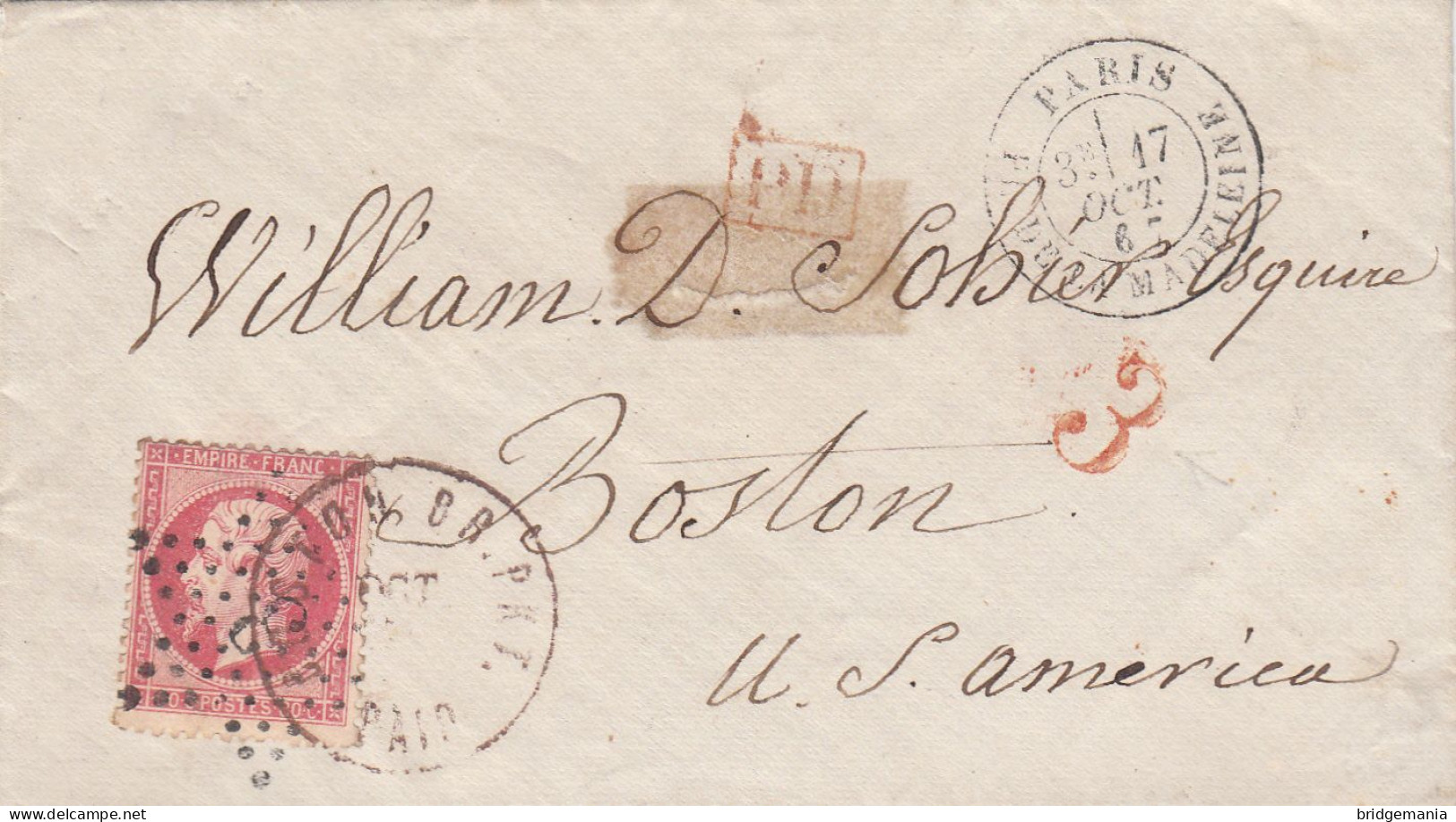 MTM137 - 1867 TRANSATLANTIC LETTER FRANCE TO USA Steamer RUSSIA CUNARD - PAID - Marcofilie