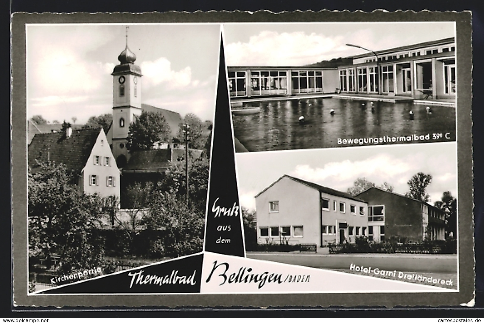 AK Bellingen, Kirchenpartie, Bewegungsthermalbad, Hotel Garni Dreiländereck  - Bad Bellingen