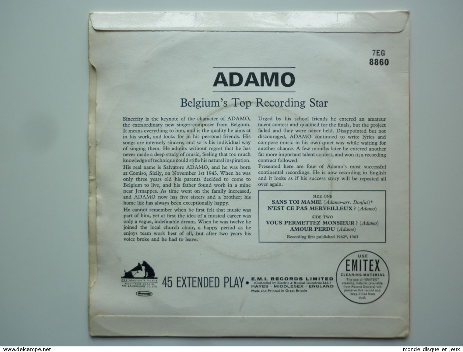 Adamo 45Tours SP Vinyle Belgium's Top Recording Star Pressage Anglais / Britain - Other - French Music