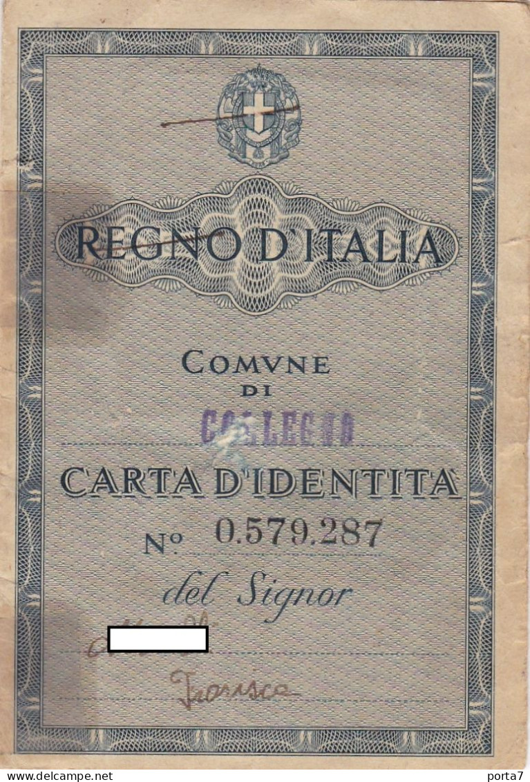 CARTA D'IDENTITA'  - REGNO D'ITALIA - COLLEGNO  (TORINO) -  ORIGINALE 1943 - MARCA BOLLO - Unclassified