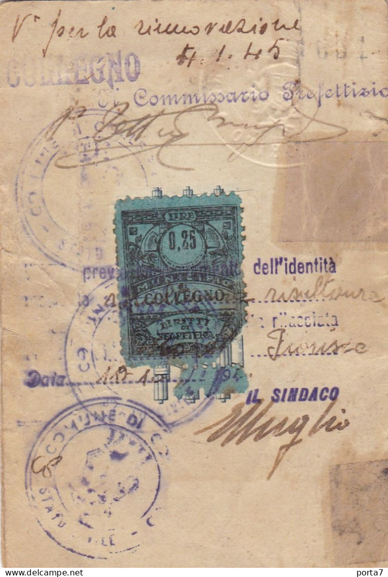 CARTA D'IDENTITA'  - REGNO D'ITALIA - COLLEGNO  (TORINO) -  ORIGINALE 1943 - MARCA BOLLO - Ohne Zuordnung