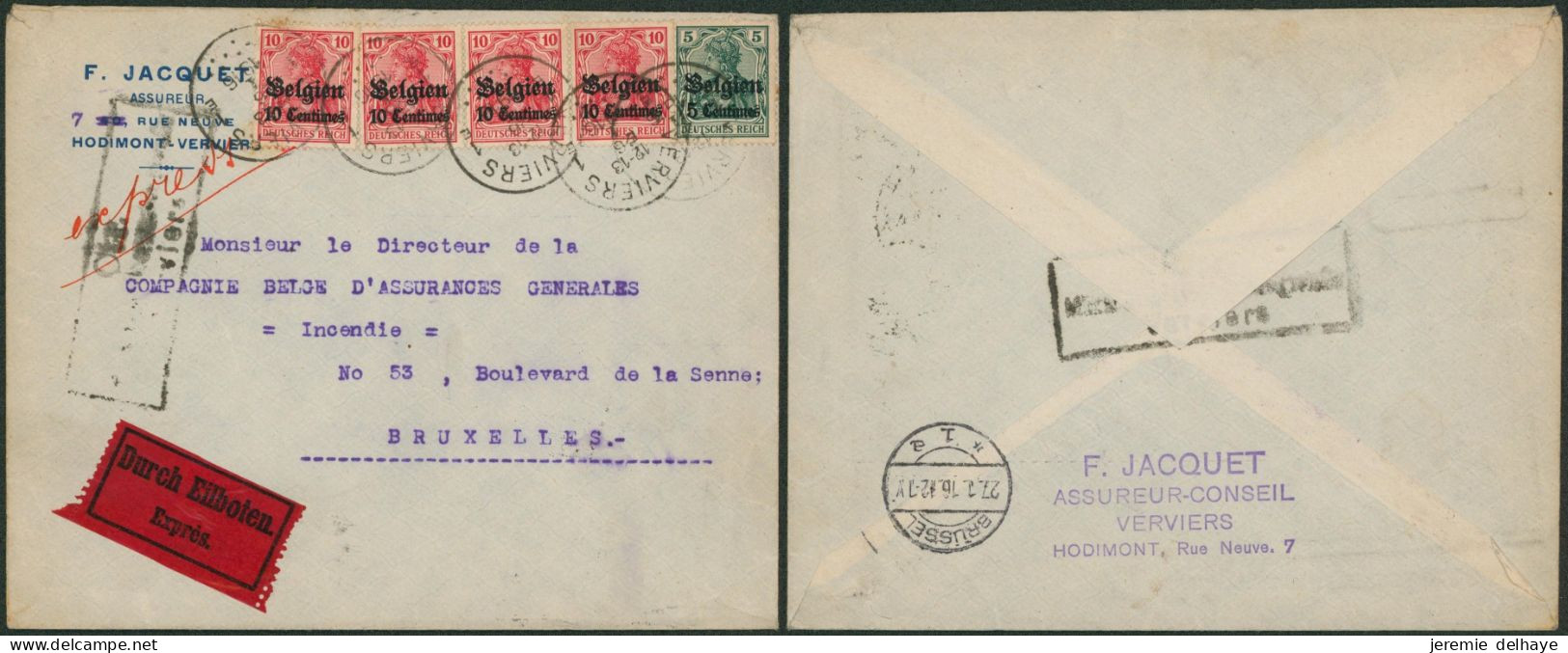 Guerre 14-18 - OC2 Et 3 X4 Sur Lettre En Expres (tarif) De Verviers (1916) > Bruxelles - OC1/25 Generalgouvernement 