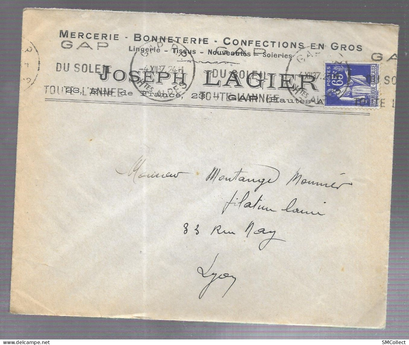 Gap 1937. Oblitération Mécanique Sur Enveloppe à En-tête De La Mercerie Joseph Lagier, Voyagée Vers Lyon (AS) - 1921-1960: Modern Period