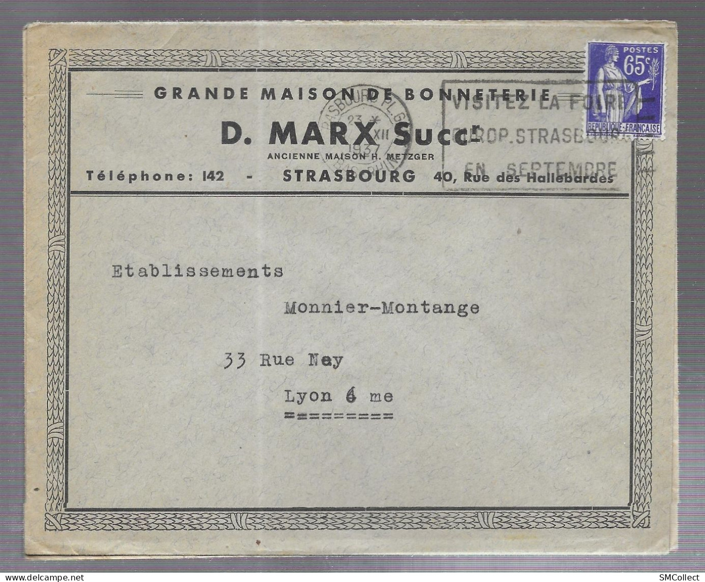 Strasbourg 1937. Enveloppe à En-tête De La Bonneterie D. Marx, Voyagée Vers Lyon (AS) - 1921-1960: Modern Period