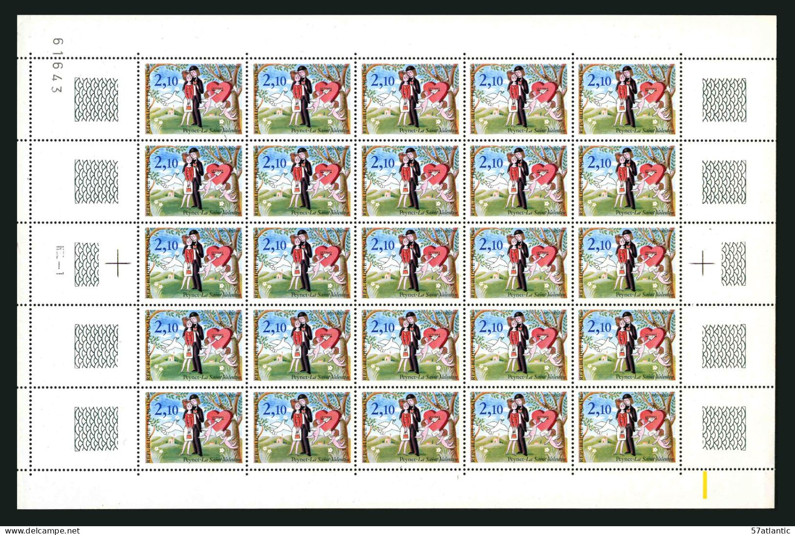 FRANCE - YT 2354 C Et F ** - SAINT VALENTIN - 2 VARIETES OISEAU DANS LA BRANCHE & HERBE VERT JAUNE - FEUILLE COMPLETE ** - Unused Stamps