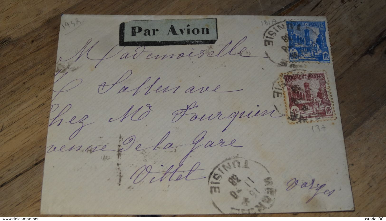 Enveloppe TUNISIE, Avion, 1938 ......... ..... 240424 ....... CL-12-1 - Briefe U. Dokumente