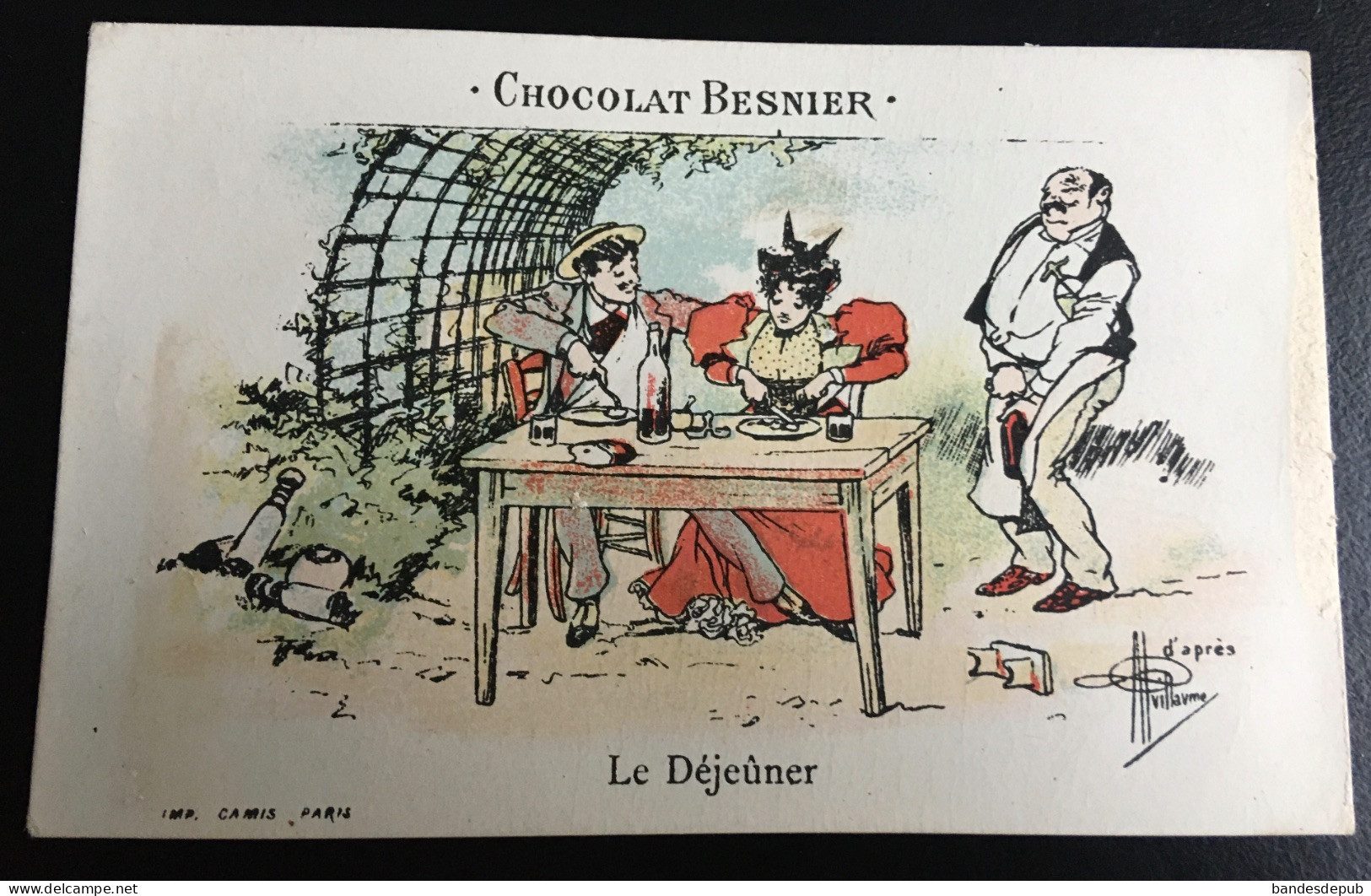 Chocolat Besnier Chromo Illustrateur Guillaume Couple Repas Tonnelle Aubergiste Tire Bouchon Camis - Other & Unclassified