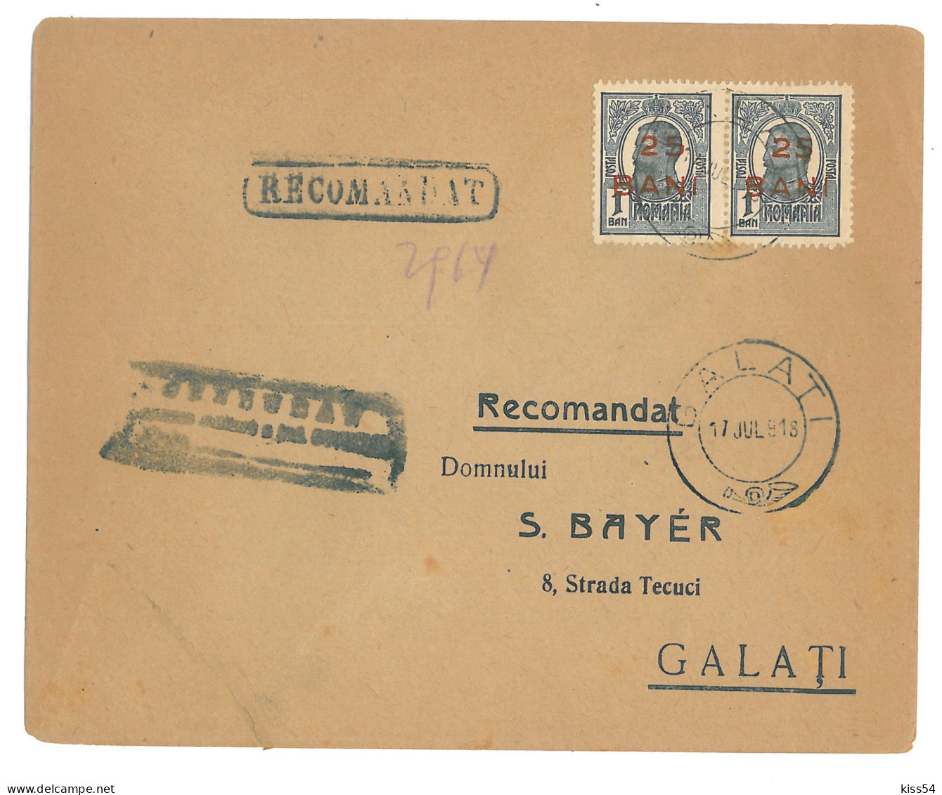 CIP 22 - 242-a GALATI - REGISTERED - Cover - Used - 1918 - Lettres & Documents