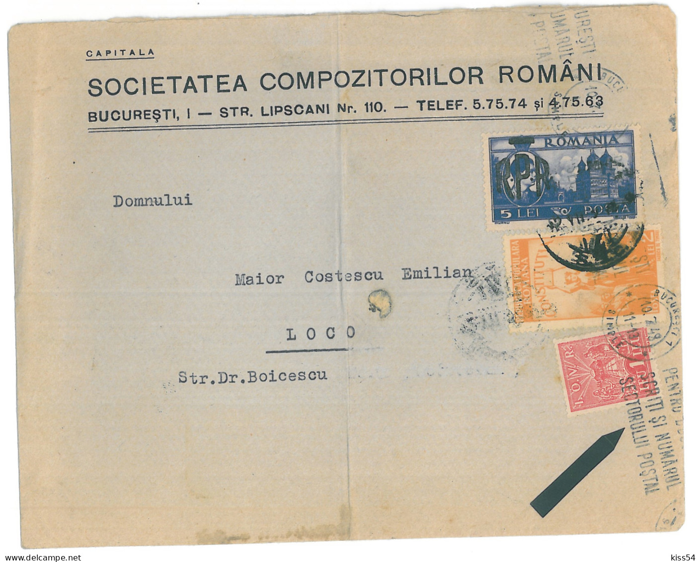 CIP 22 - 305-a BUCURESTI, Music, The Society Of Composers - Cover - Used - 1948 - Covers & Documents