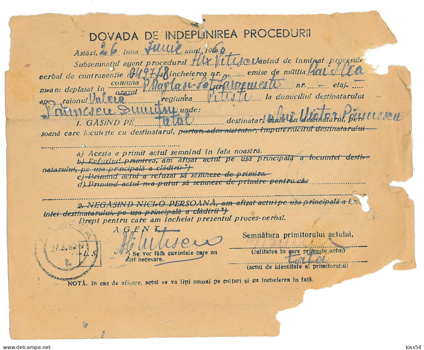 CIP 22 - 23-a ILIA, Hunedoara, Acte De Procedura - Cover Receipt - Used - 1960 - Brieven En Documenten