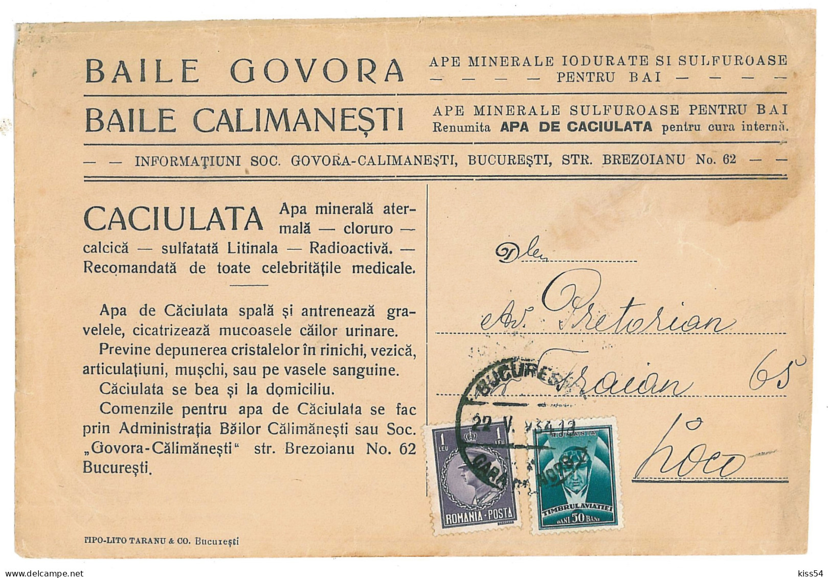 CIP 22 - 170-a Bucuresti, RECLAMA Mineral Water, GOVORA, CALIMANESTI - Cover - Used - 1934 - Cartas & Documentos