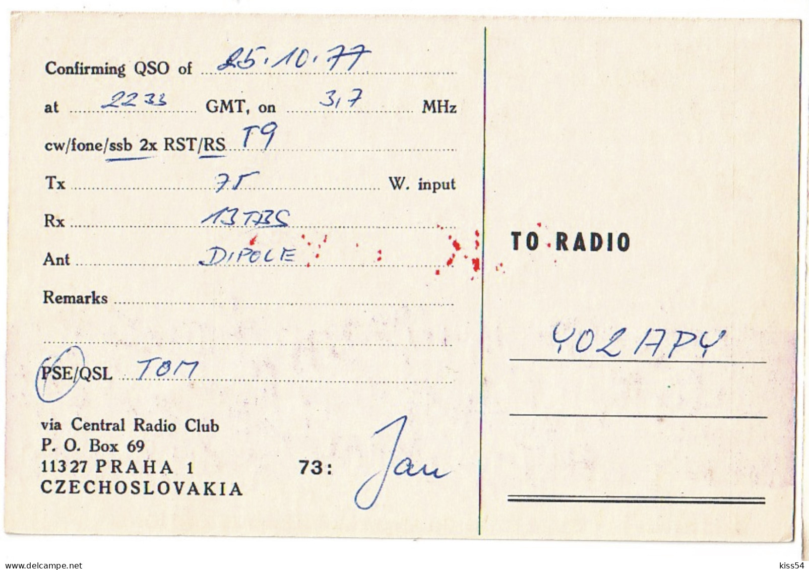 Q 41 - 280-a CZECHOSLOVAKIA - 1977 - Radio-amateur