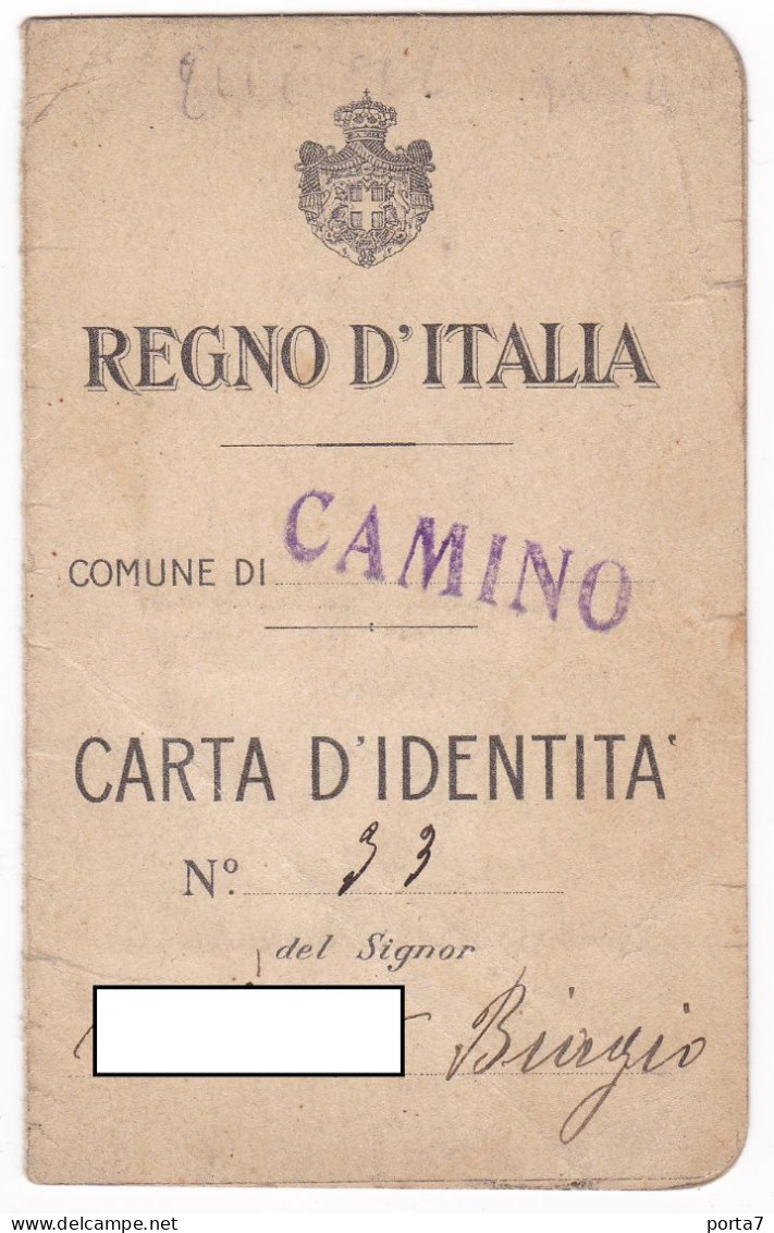 CARTA D'IDENTITA'  - REGNO D'ITALIA - COMUNE DI CAMINO (ALESSANDRIA) -  ORIGINALE 1927 - Ohne Zuordnung