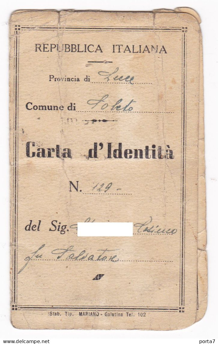 CARTA D'IDENTITA'  - COMUNE DI SOLETO (LECCE) -  ORIGINALE 1953 - Non Classés