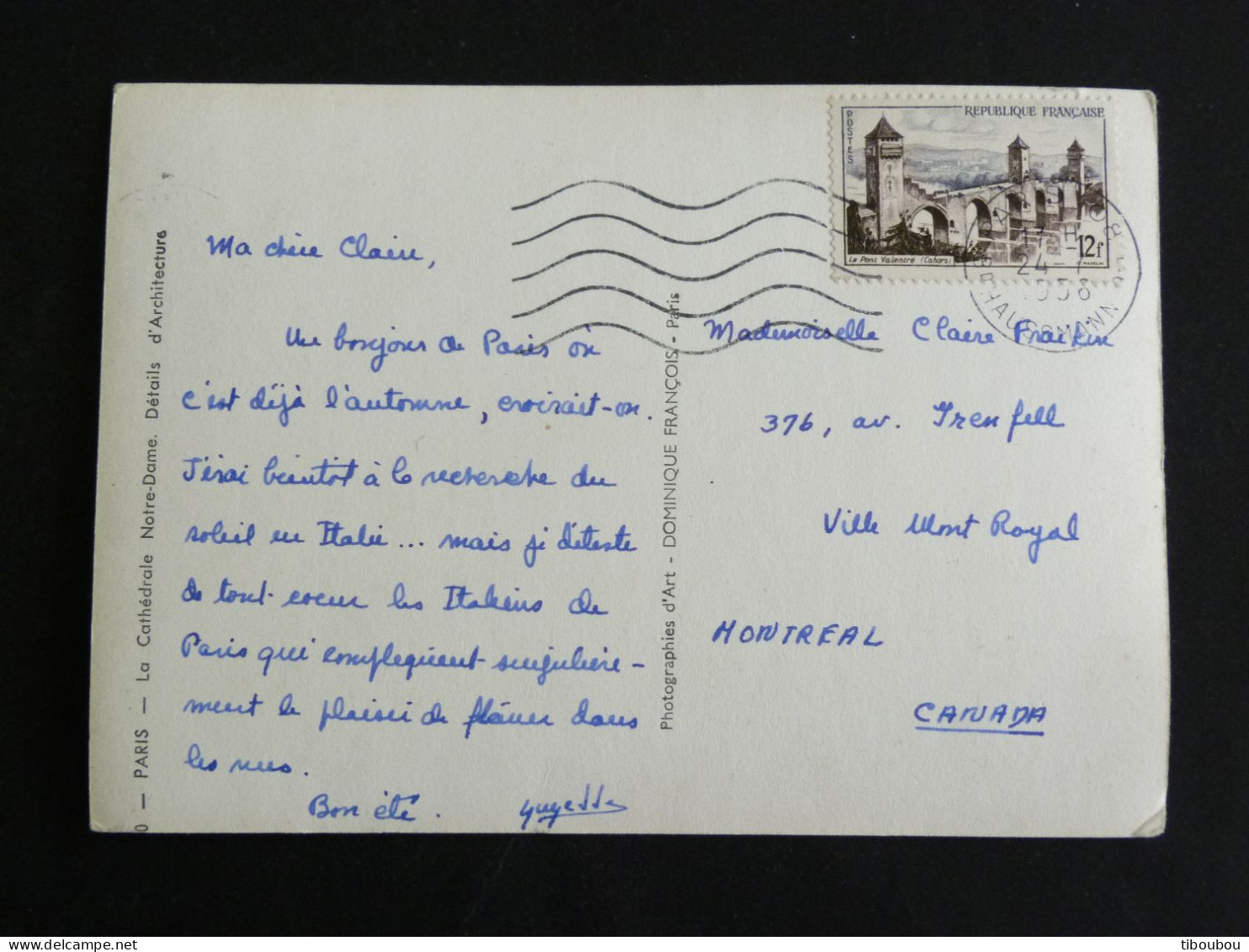 PARIS 108 BOULEVARD HAUSSMANN 9e - FLAMME MUETTE SUR YT 1039 PONT VALENTRE CAHORS POUR CANADA - CATHEDRALE NOTRE DAME - Mechanical Postmarks (Advertisement)