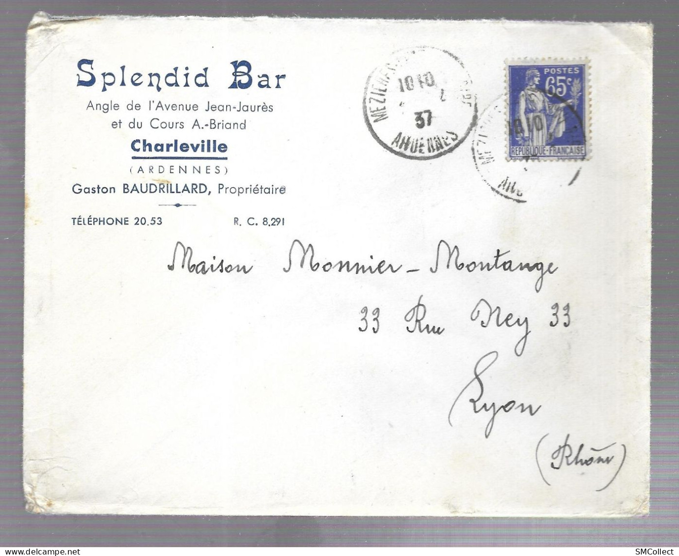 Charleville 1937. Enveloppe à En-tête Du Splendid Bar, Voyagée Vers Lyon (AS) - 1921-1960: Modern Period