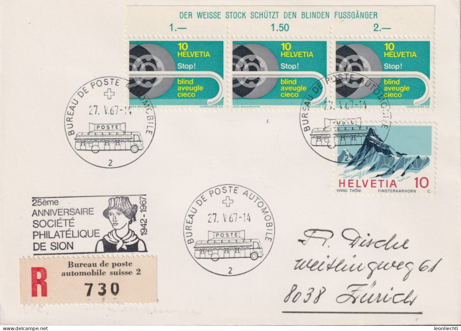 1967 Schweiz R-Brief, Zum:CH 445+446, Mi:CH: 842+851, 25ème ANNIVERSAIRE SOCIÉTÉ PHILATÉLIQUE DE SION - Briefe U. Dokumente