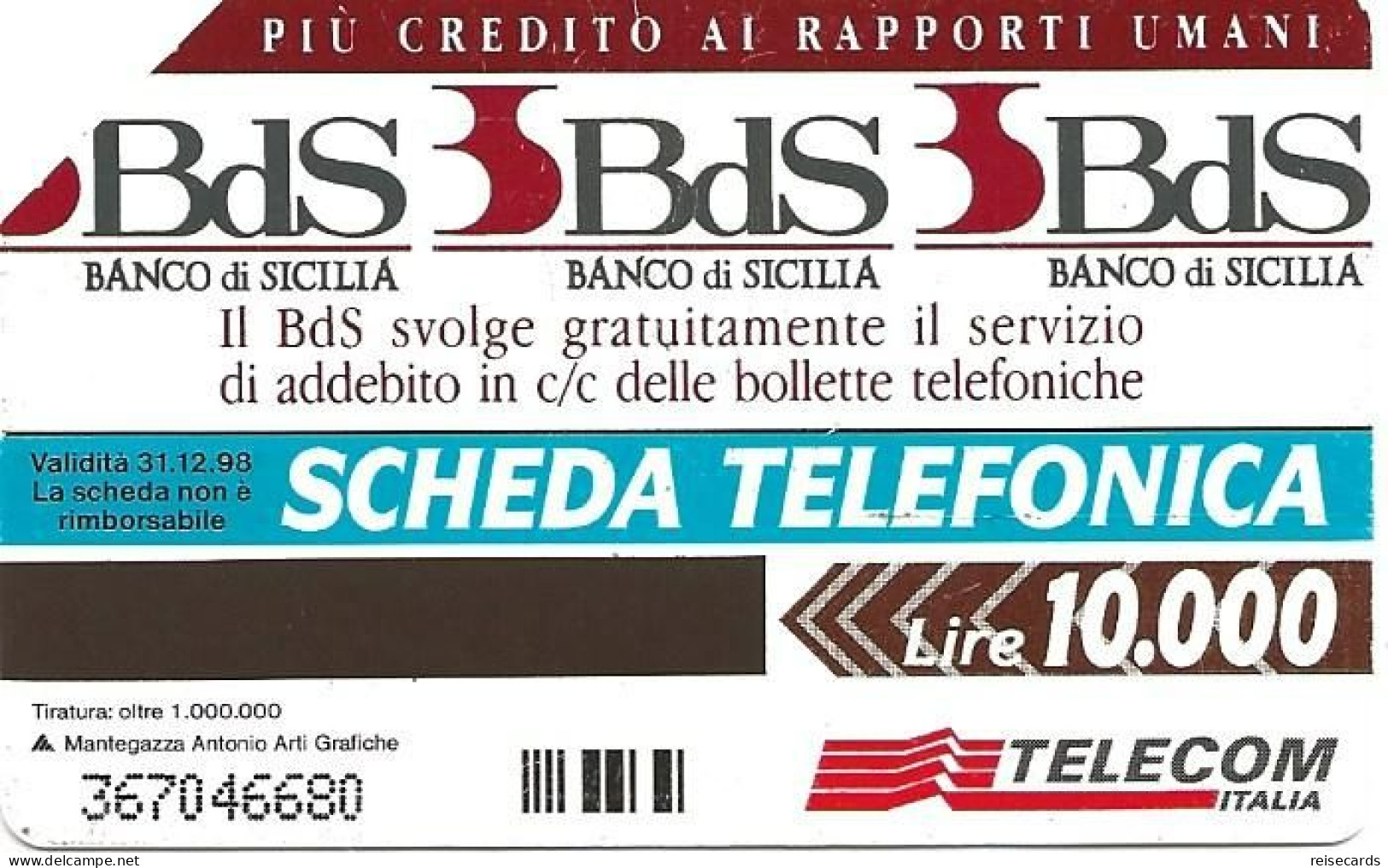 Italy: Telecom Italia - Conto Banca Di Sicilia Famiglia - Públicas  Publicitarias