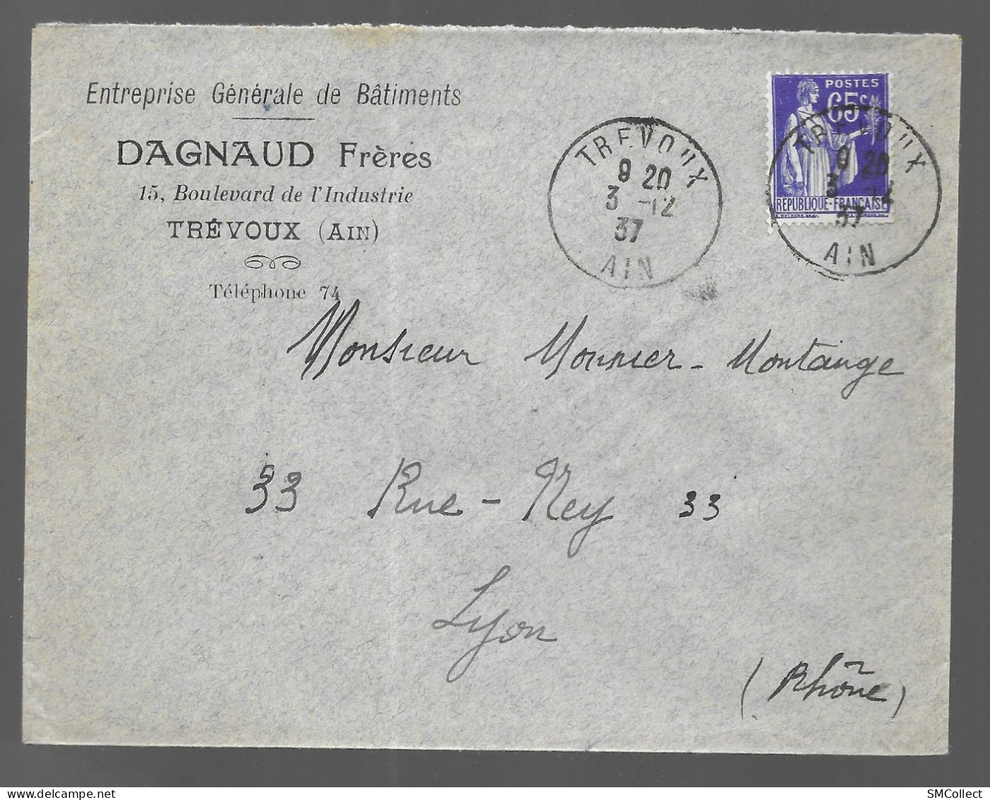 Trévoux 1937. Enveloppe à En-tête De L'entreprise Générale De Bâtiments Dagnaud Frères, Voyagée Vers Lyon (AS) - 1921-1960: Modern Period