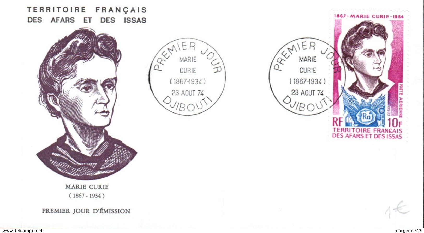 AFARS ET ISSAS FDC 1974 MARIE CURIE - Covers & Documents
