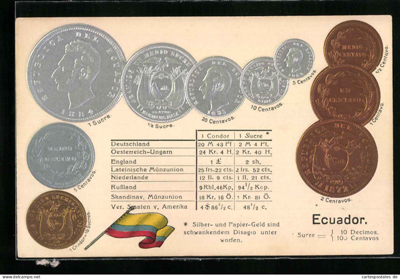 AK Ecuador, Geld, Münzen, Sucre, Condor, Centavos  - Equateur