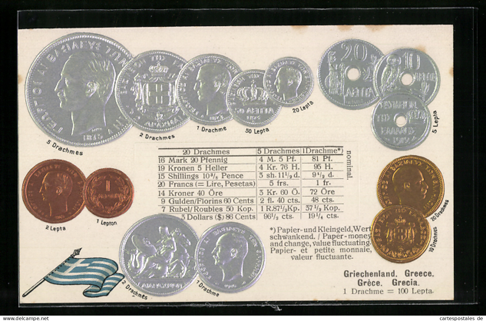 AK Griechenland, Münz-Geld, Währungstabelle, Nationalflagge  - Monnaies (représentations)