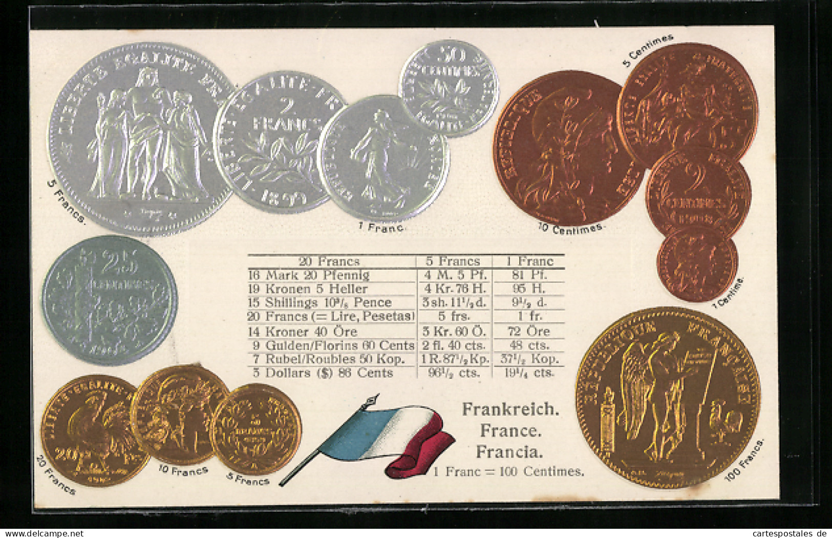 AK Frankreich, Münz-Geld, Währungstabelle, Nationalflagge  - Monnaies (représentations)