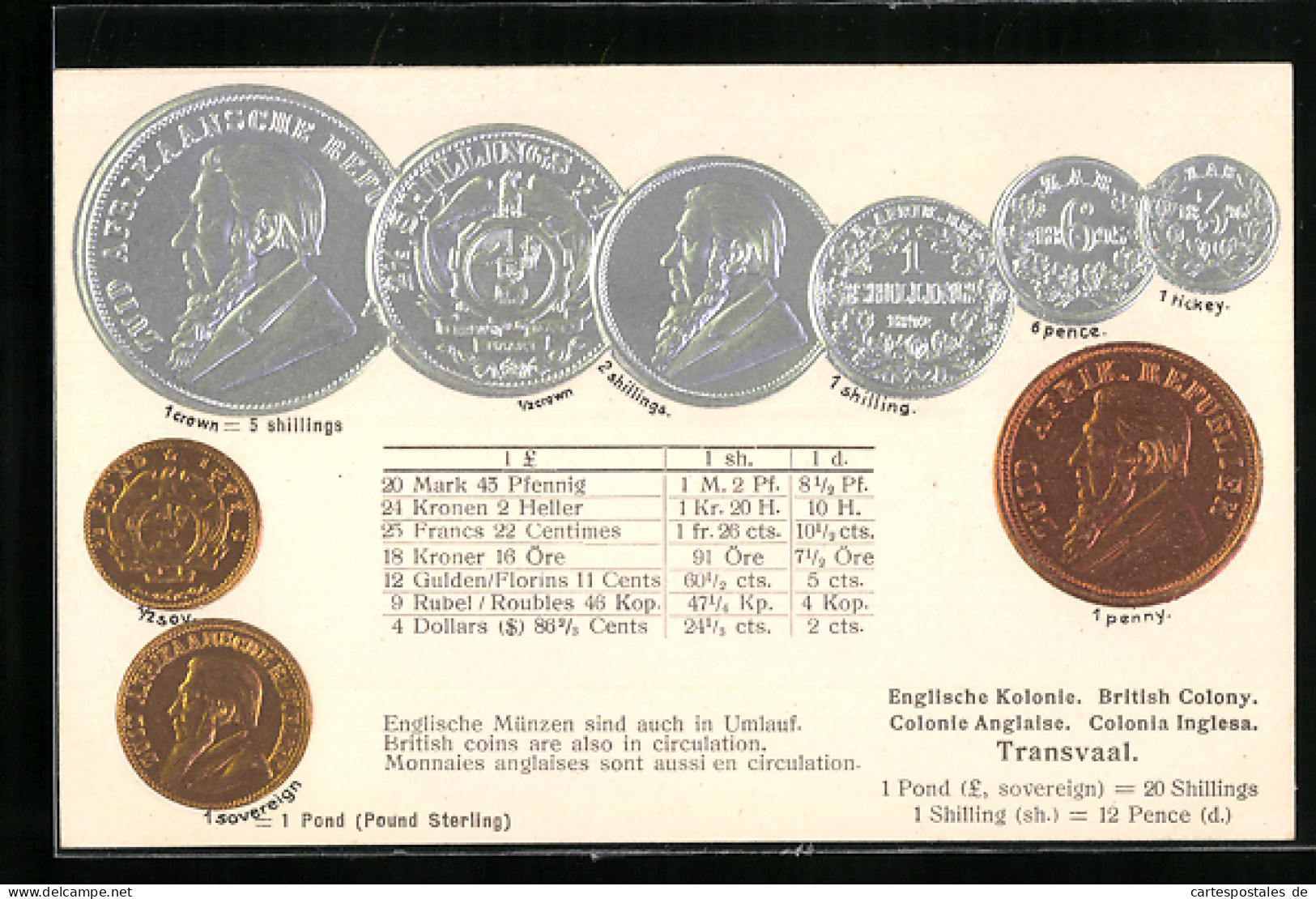 AK Englische Kolonie Transvaal, Münz-Geld, Währungstabelle  - Monete (rappresentazioni)