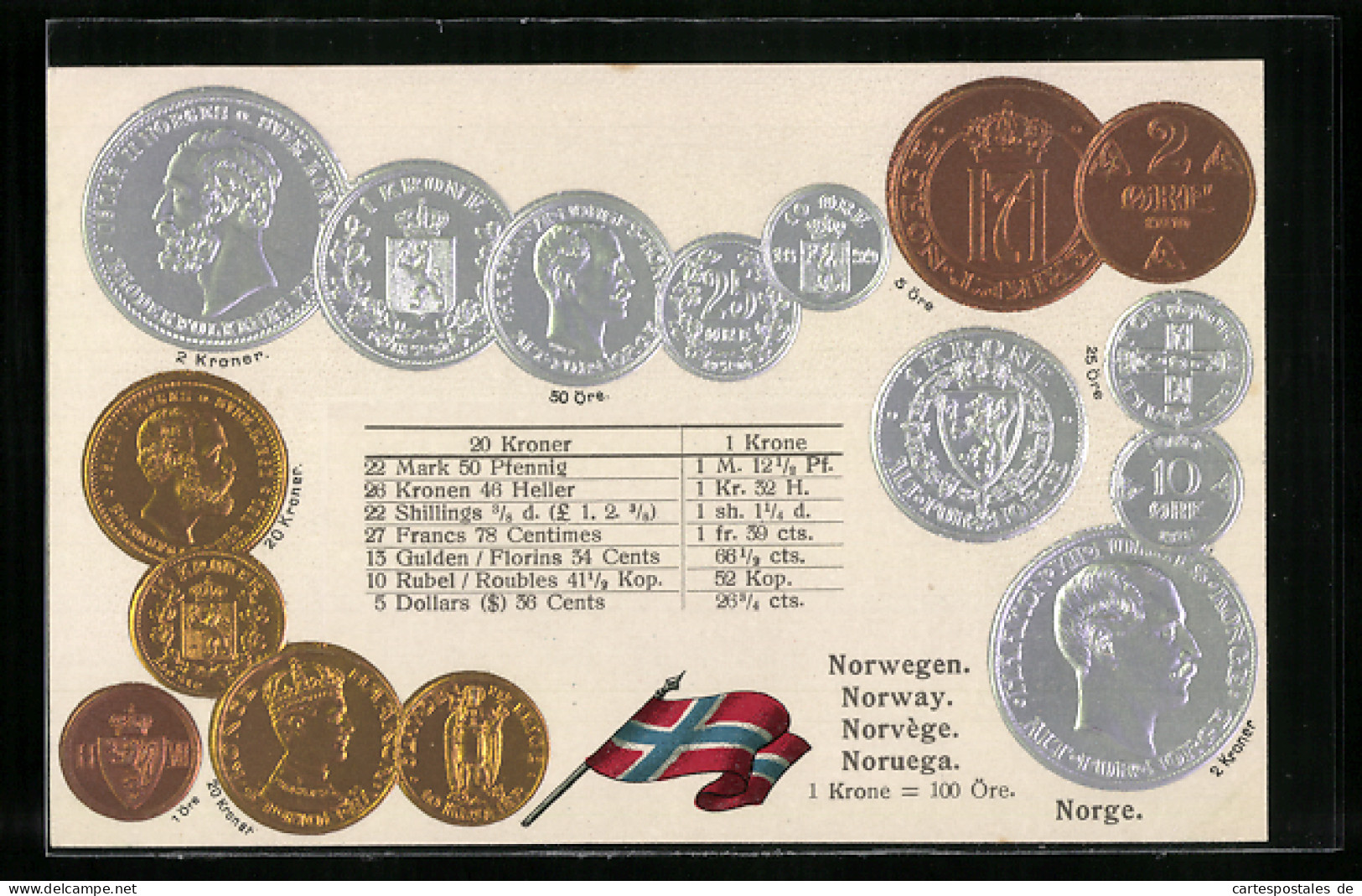 AK Norwegen, Münz-Geld, Wechselkurstabelle, Nationalflagge  - Monete (rappresentazioni)