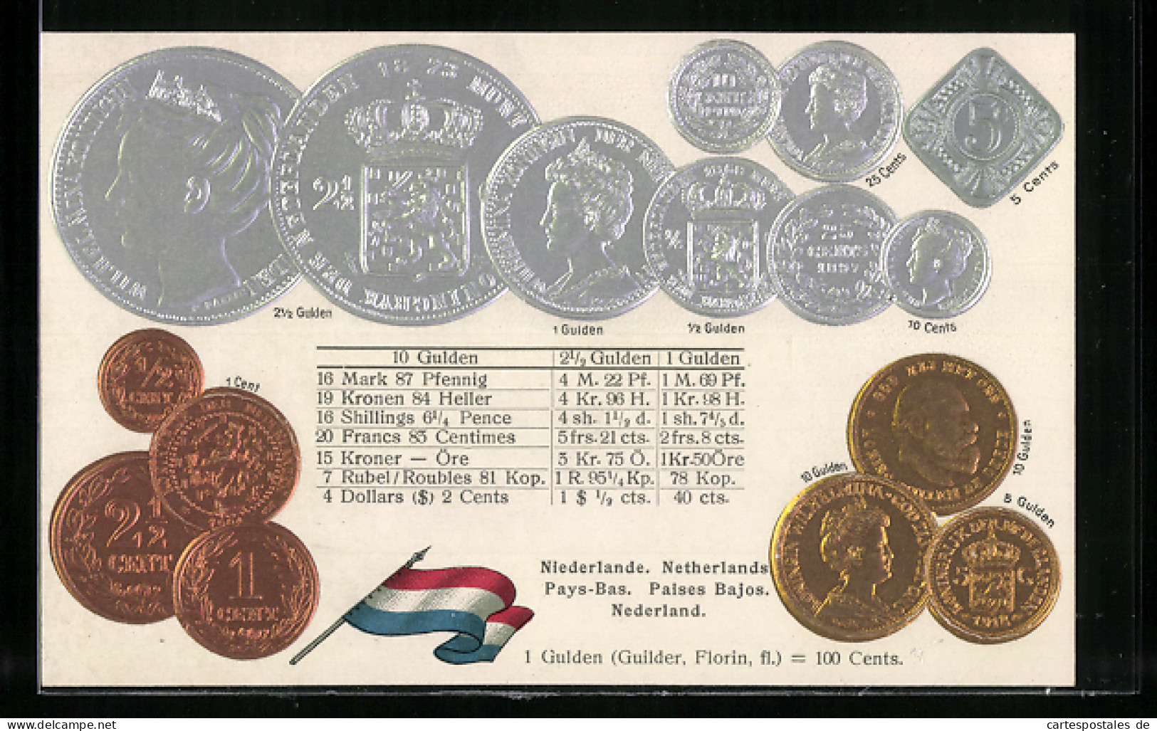 AK Niederlande, Währungstabelle, Geldmünzen Und Nationalflagge  - Münzen (Abb.)