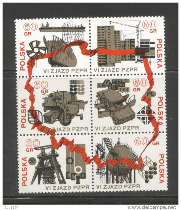 POLAND 1971 6TH PZPR PARTY CONGRESS STRIP BLOCK NHM United Workers Party Communism Socialism Cars Petrochemical - Ungebraucht