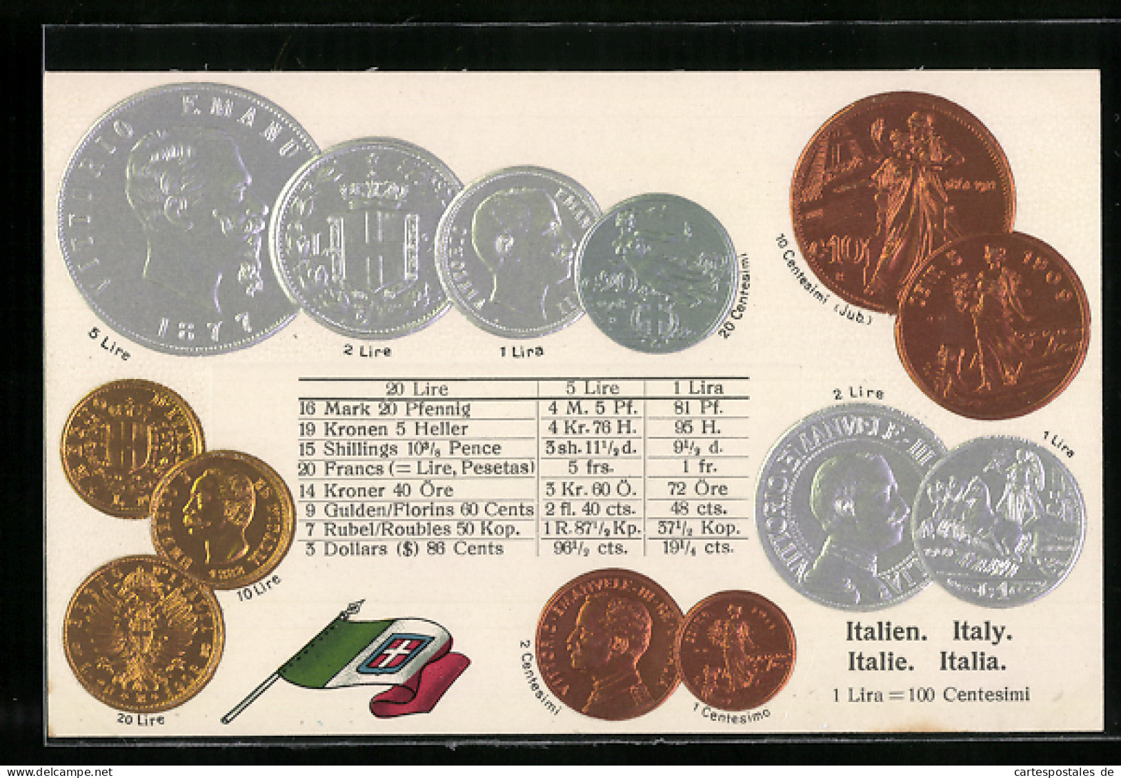 AK Italien, Münz-Geld, Währungstabelle, Nationalflagge  - Monnaies (représentations)