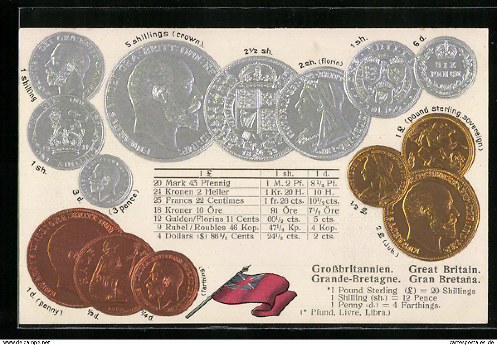 AK Grossbritannien, Münz-Geld, Währungstabelle, Nationalflagge  - Coins (pictures)