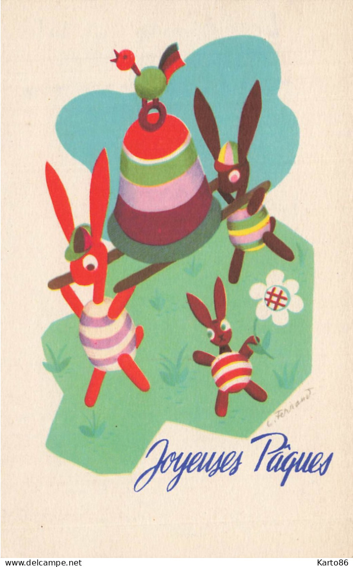 Joyeuses Pâques * CPA Illustrateur L. FERRAND Ferrand * Lapins Humanisés Cloche Bell * Rabbit Lapin - Easter