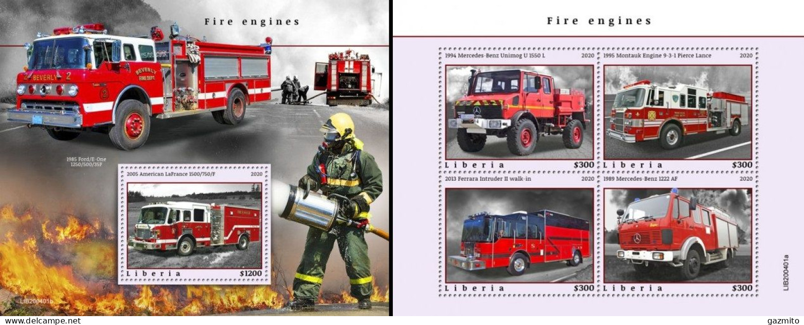 Liberia 2020, Firemen I, 4val In BF +BF - Pompieri