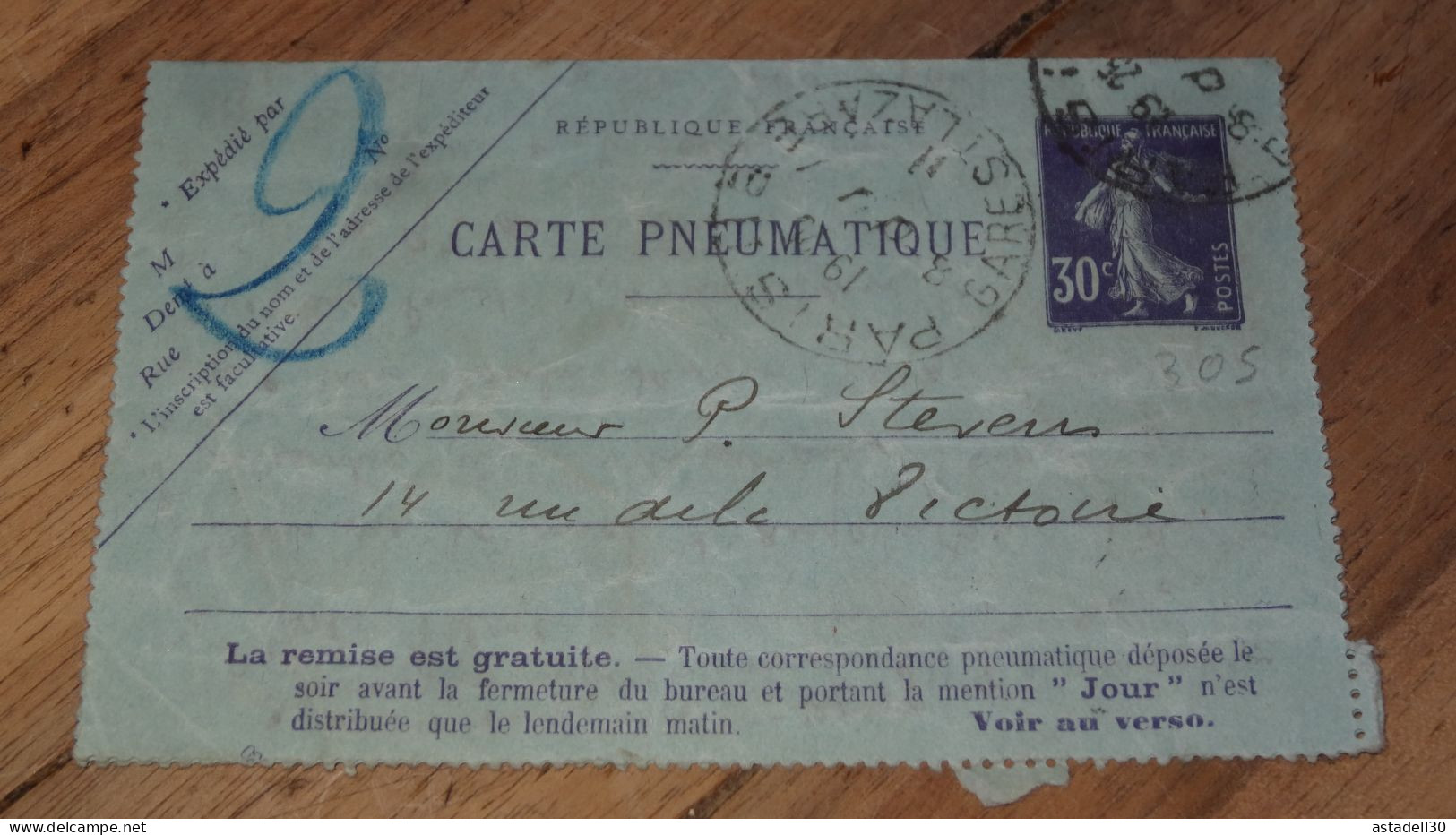 Carte Pneumatique, 30c Violet Semeuse, Paris 1925 ......... ..... 240424 ....... CL-12-8 - 1921-1960: Modern Period