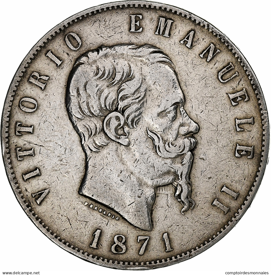 Italie, Vittorio Emanuele II, 5 Lire, 1871, Milan, Argent, TB+, KM:8.3 - 1861-1878 : Víctor Emmanuel II