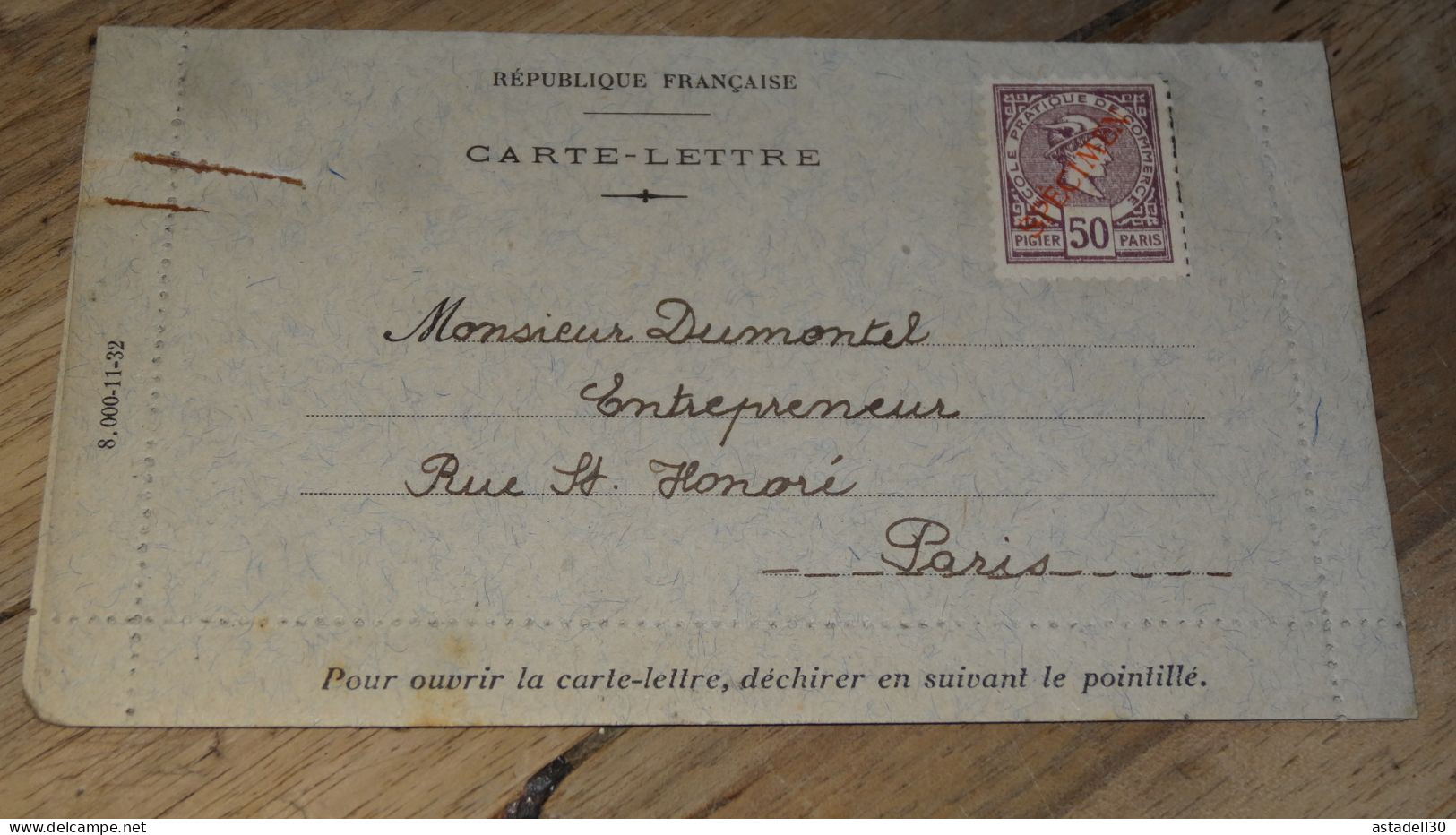 Carte Lettre Fictif, Specimen, Ecole Commerce, 50c - 1934 ......... ..... 240424 ....... CL-12-9 - Phantomausgaben