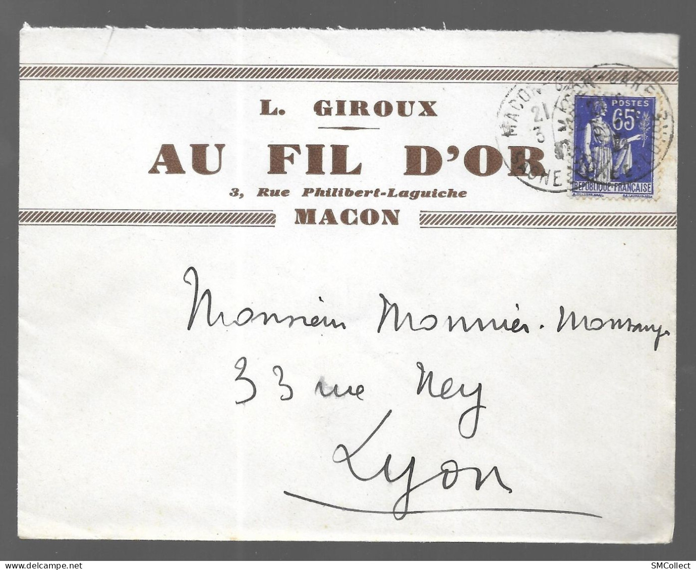 Macon 1937. Enveloppe à En-tête Au Fil D'or, L. Giroux, Voyagée Vers Lyon (AS) - 1921-1960: Modern Period