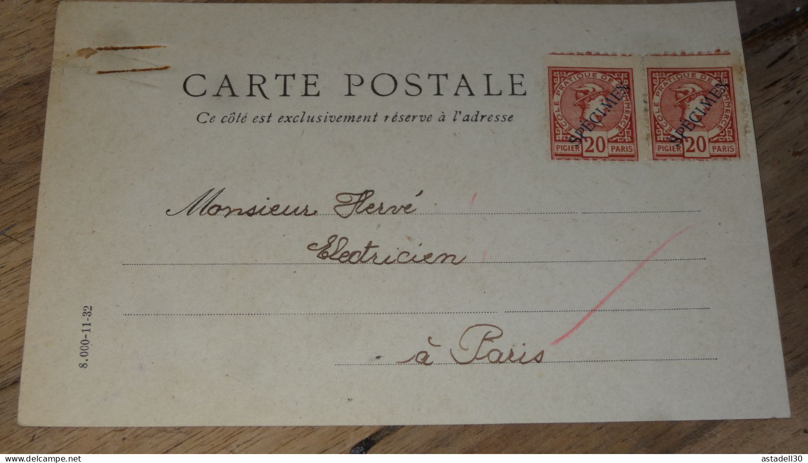 Carte Postale Fictif, Specimen, Ecole Commerce, Paire De 20c - 1934 ......... ..... 240424 ....... CL-12-10 - Finti