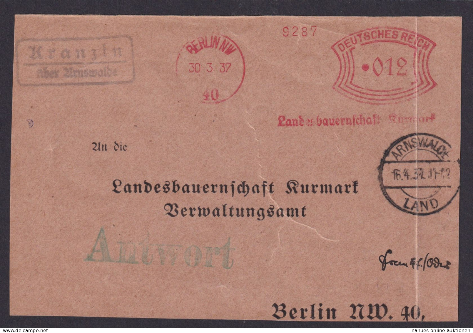 Kranzin über Arnswalde Brandenburg Deutsches Reich Brief Landpoststempel - Covers & Documents