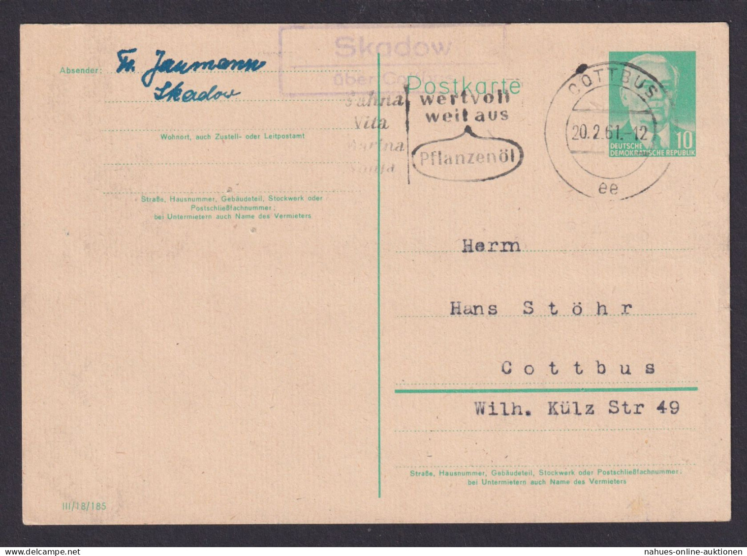 Skadow über Cottbus Landpostempel Cottbus Brandenburg DDR Pieck Ganzsache - Lettres & Documents