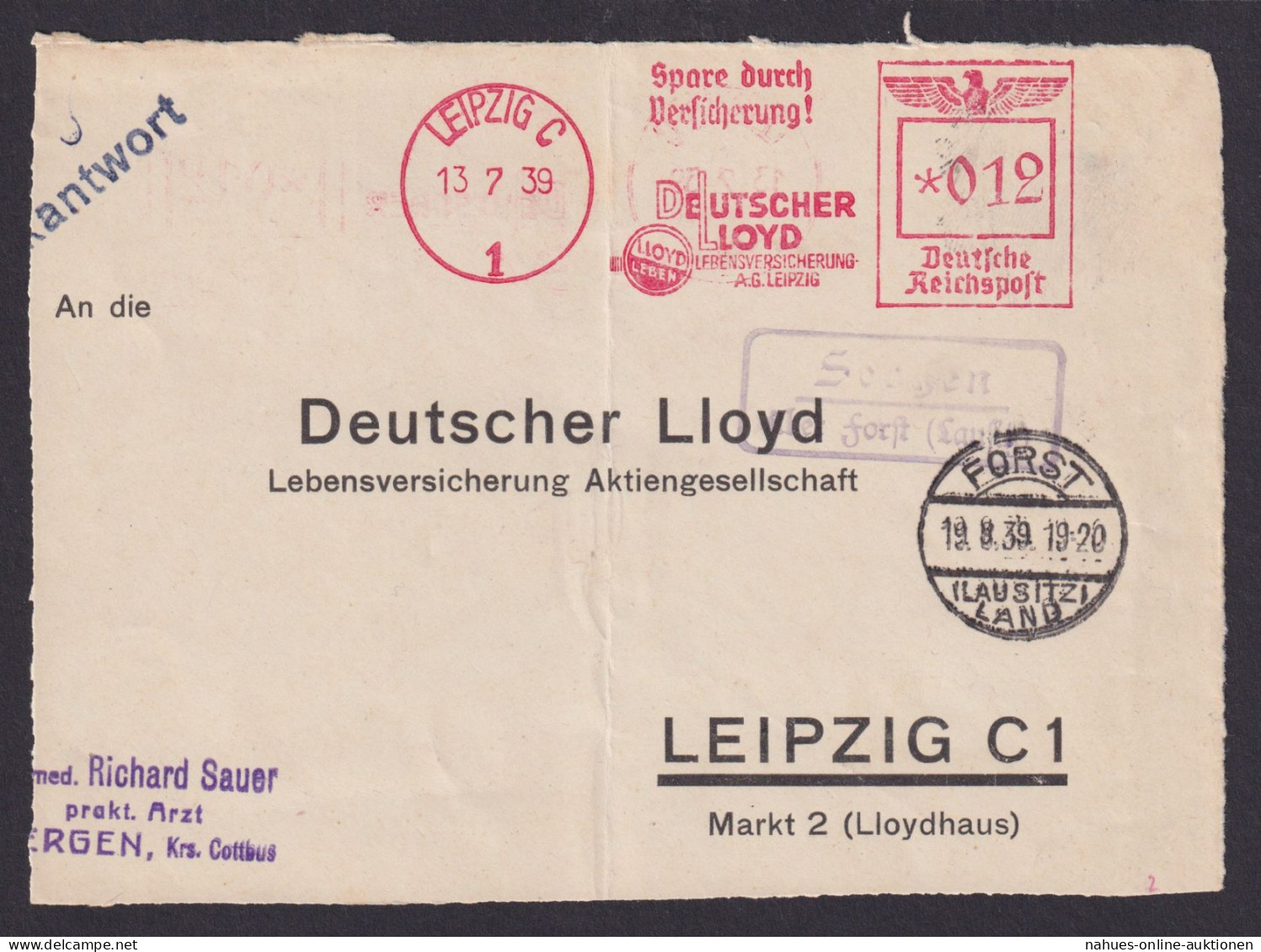 Sergen über Forst Landpoststempel Lausitzer Land Brandenburg Deutsches Reich - Covers & Documents