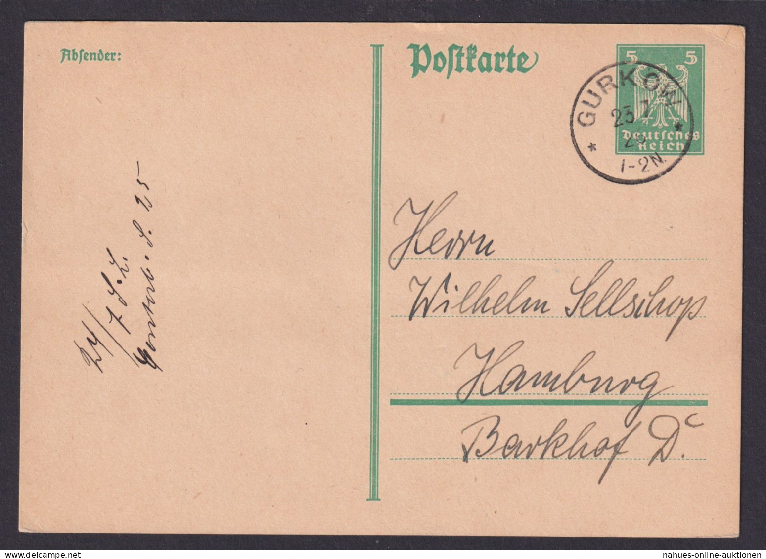 Gurkow Brandenburg Deutsches Reich Ganzsache N. Hamburg - Lettres & Documents