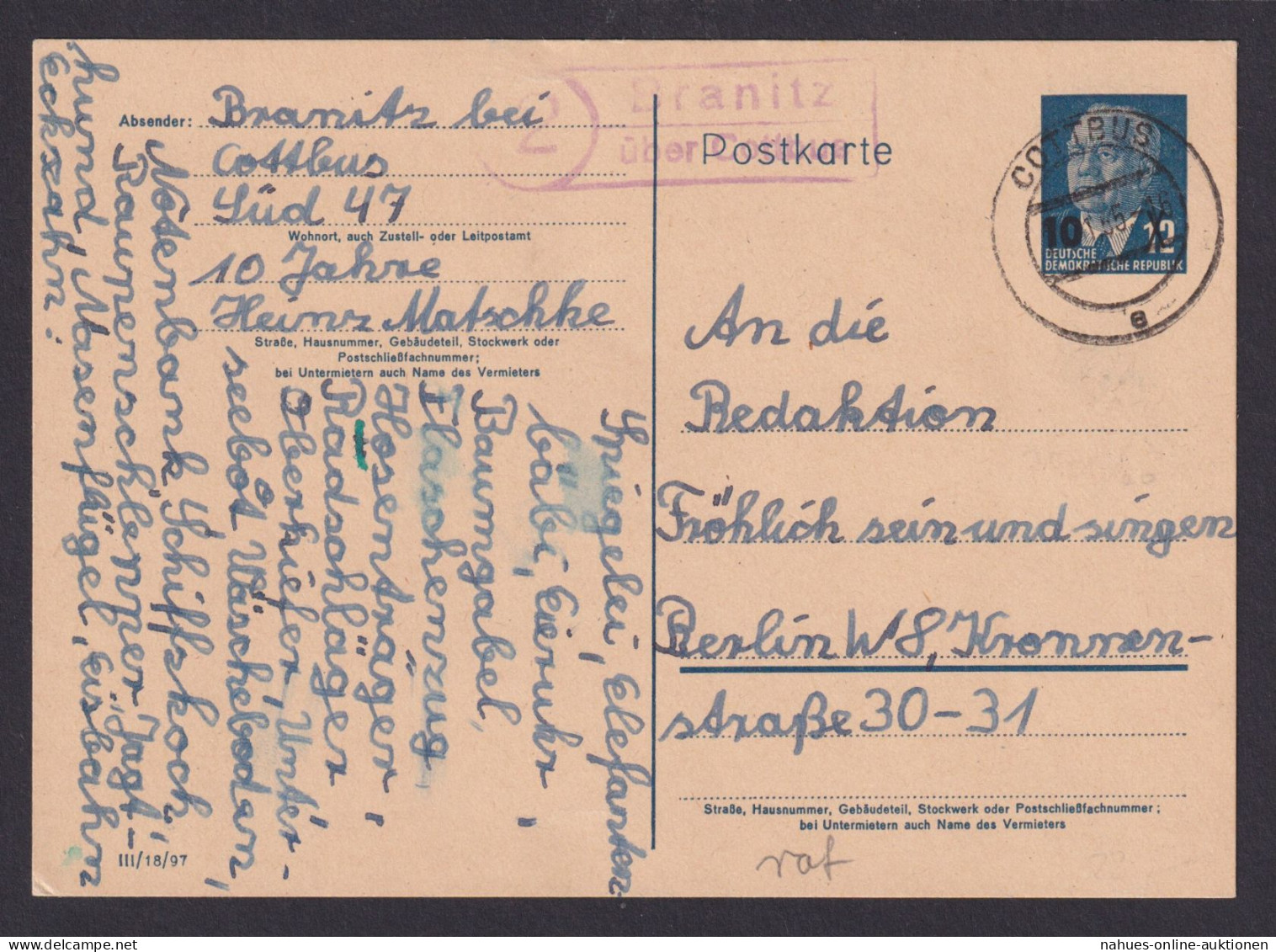 Branitz über Cottbus Brandenburg DDR Ganzsache Landpoststempel N. Berlin - Storia Postale