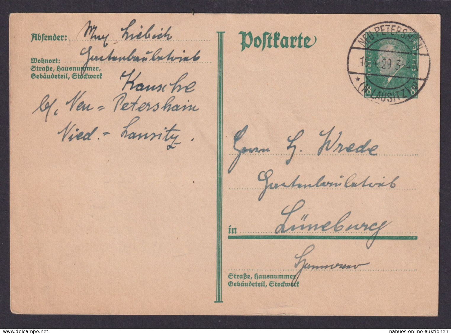 Neu Petrershain Brandenburg Deutsches Reich Ganzsache N. Lüneburg - Cartas & Documentos