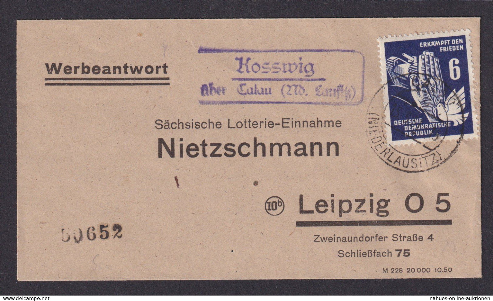 DDR Brief EF 276 Frieden Werbeantwort Kosswig über Calau Nieder Lausitz - Storia Postale