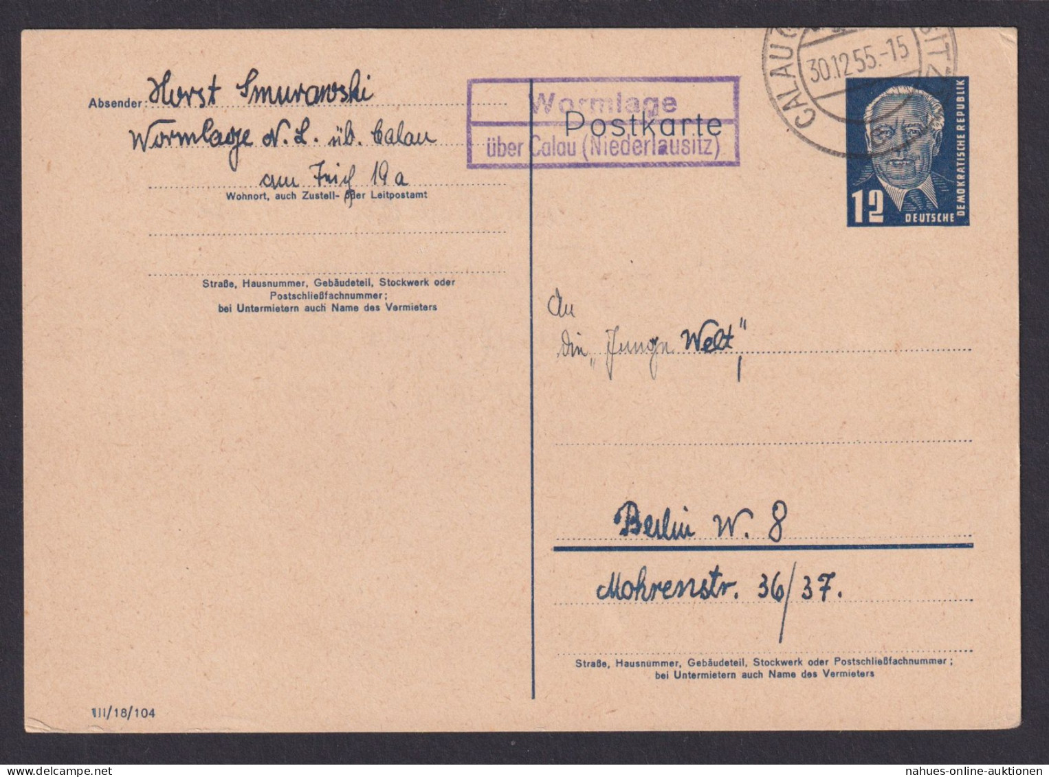 Wormlage über Calau Niedrlausitz Brandenburg DDR Ganzsache Landpoststempel N. - Lettres & Documents