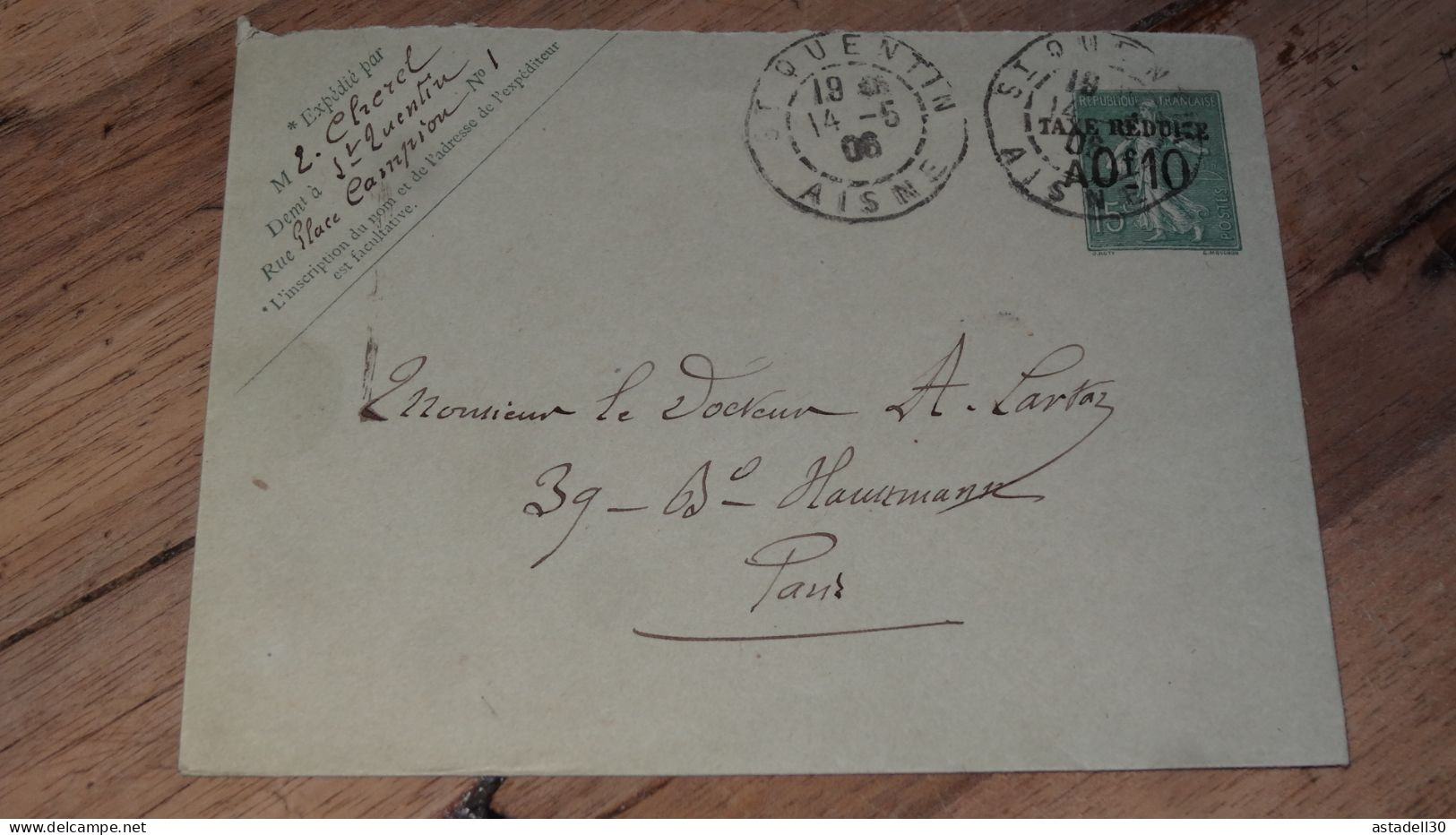 Enveloppe Entier Postal 15c Semeuse, Taxe Reduite 0f10, St Quentin 1906 ......... ..... 240424 ....... CL-13-1 - Andere & Zonder Classificatie